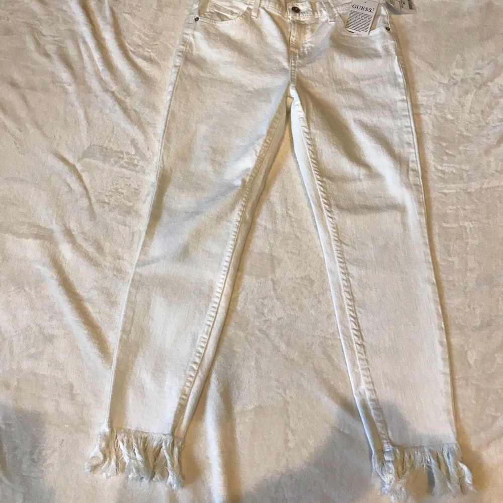 NEW Guess White Ankle Fringed Jeans